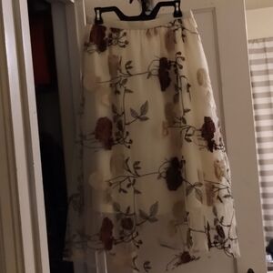 Mesh and Floral Embroidered Tulle Skirt in Ivory